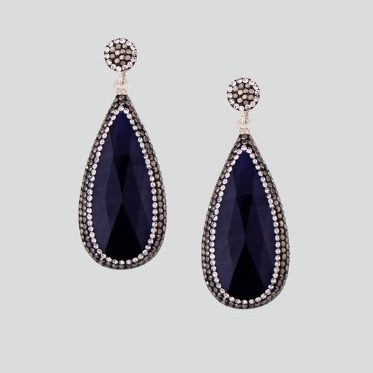 Aretes turcos Queen Farah de Plata 925, con baño de Rodio, gema de ojo de gato y cristales