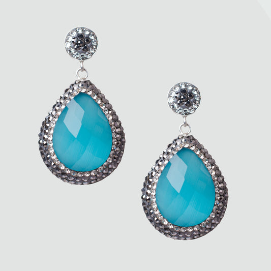 Aretes turcos cortos Queen Farah de Plata 925, con baño de Rodio, gema de ojo de gato y cristales
