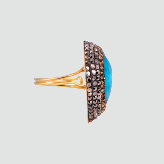 Anillo turco Queen Farah de Plata 925, con baño de Oro de 14k, gema de ojo de gato y cristales